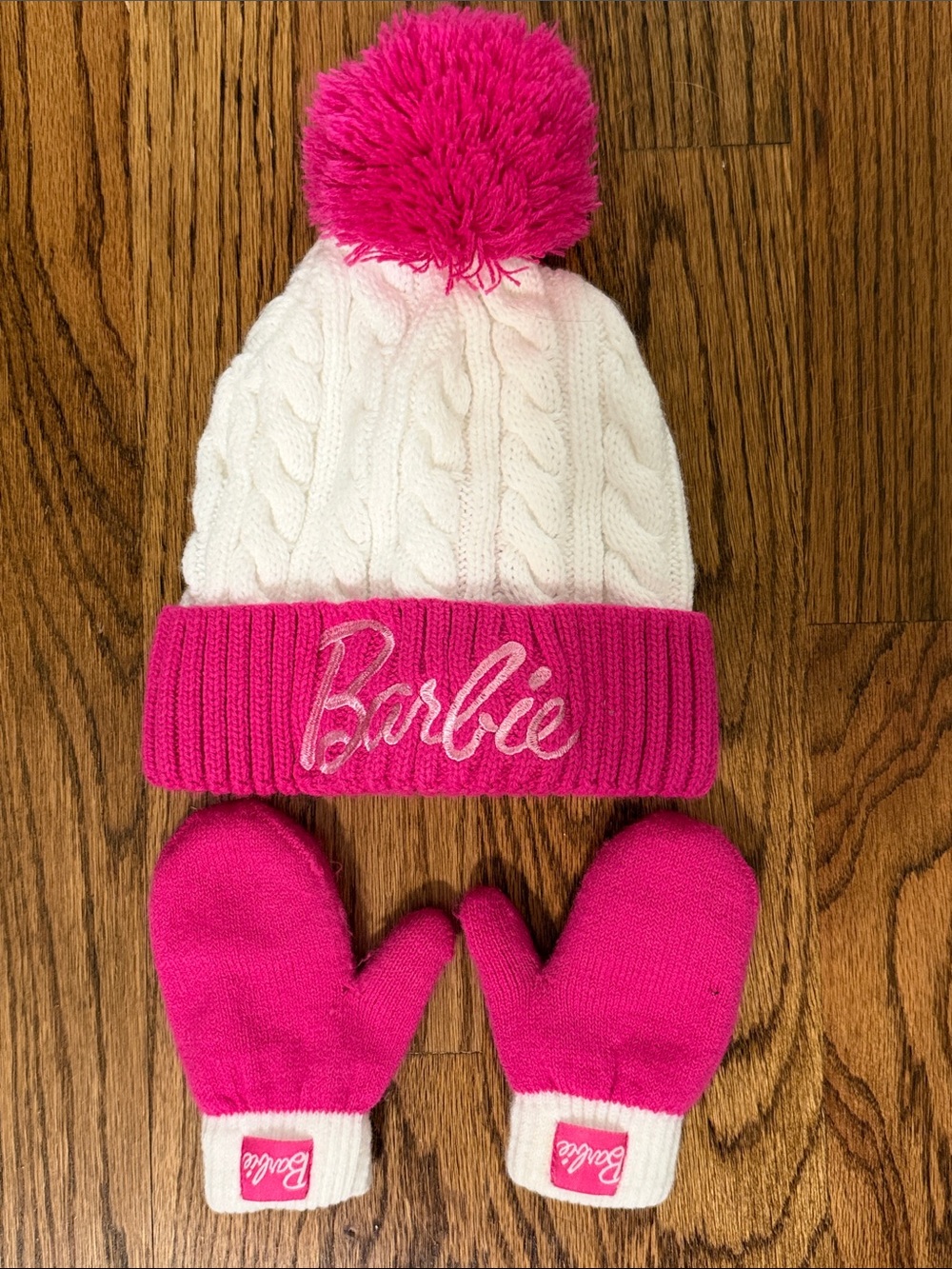 🌸3/$10🌸 2T-5T Barbie Hot Pink & White Pom-Pom Knit Hat with Matching Mittens